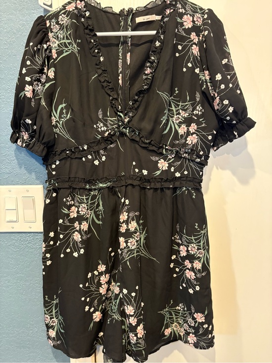 Mi Ami Pants - Francesca’s Mi Ami  Black Floral romper  with Pink & Green Accents